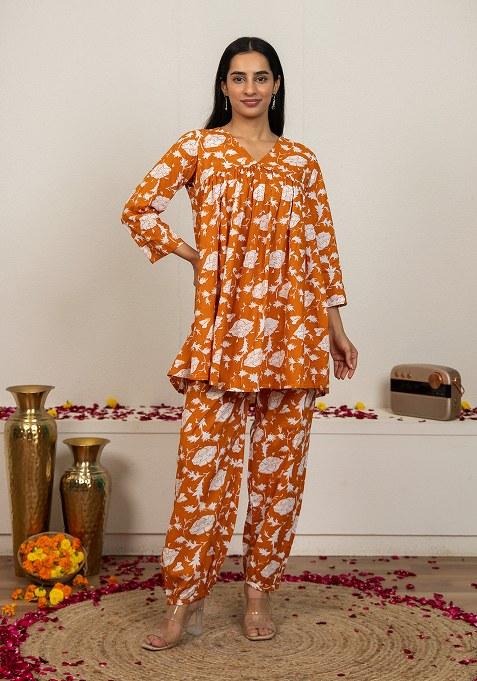 peach Hand Block Printed Cotton Co Ord Set