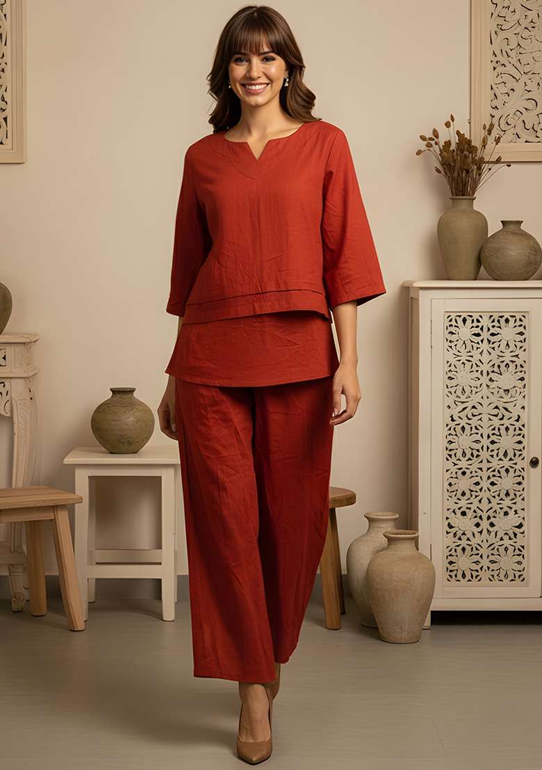 Rust Orange Solid Cotton Co Ord Set - Indya