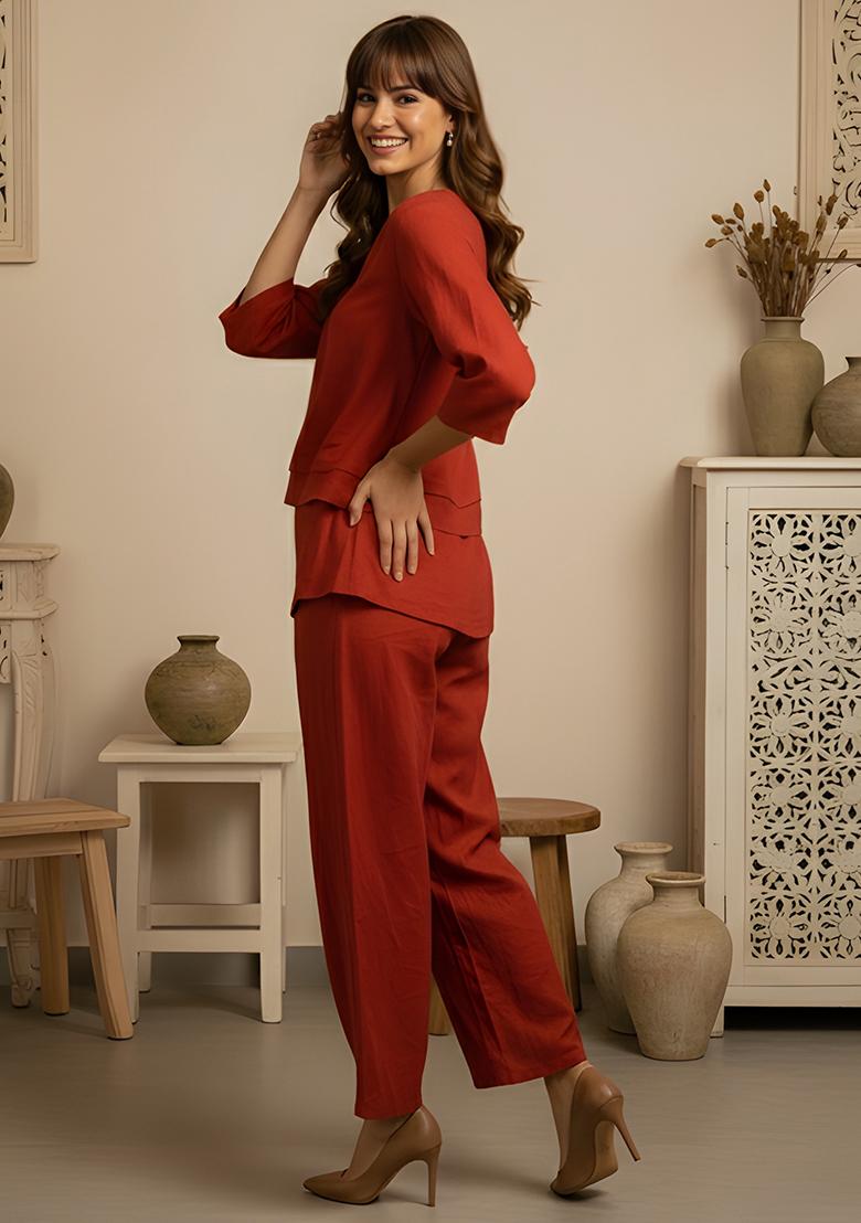 Rust Orange Solid Cotton Co Ord Set - Indya