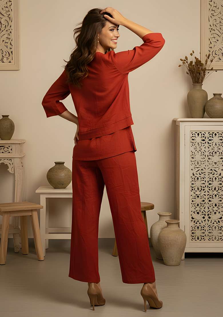Rust Orange Solid Cotton Co Ord Set - Indya