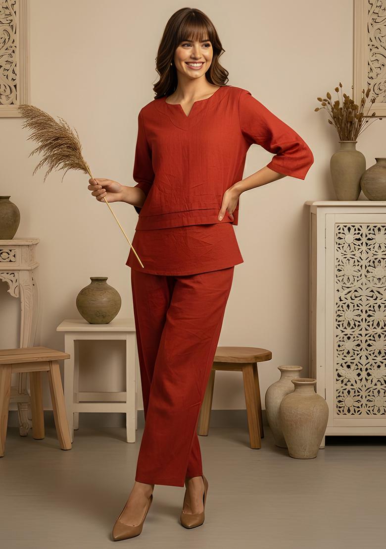 Rust Orange Solid Cotton Co Ord Set - Indya