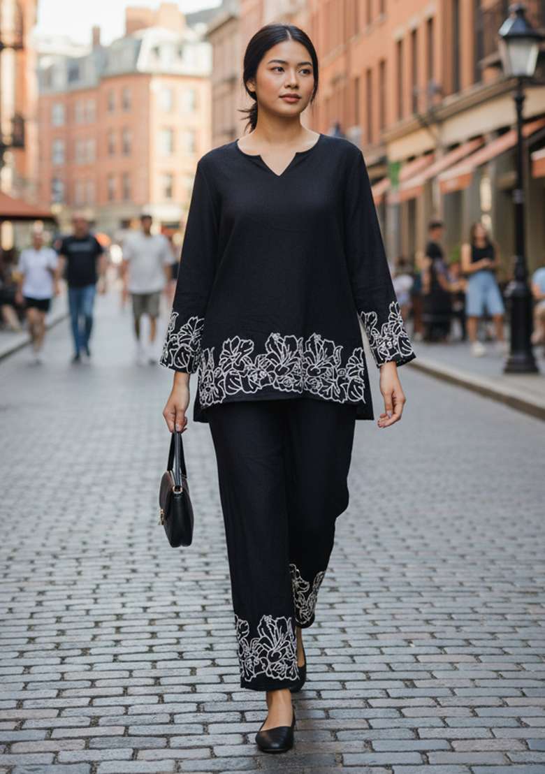 Black Embroidered Blended Co Ord Set - Indya