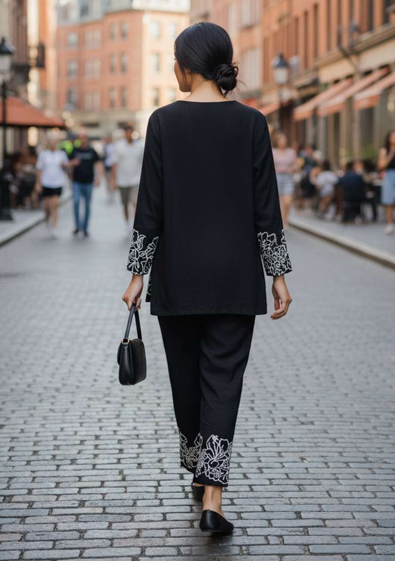 Black Embroidered Blended Co Ord Set - Indya