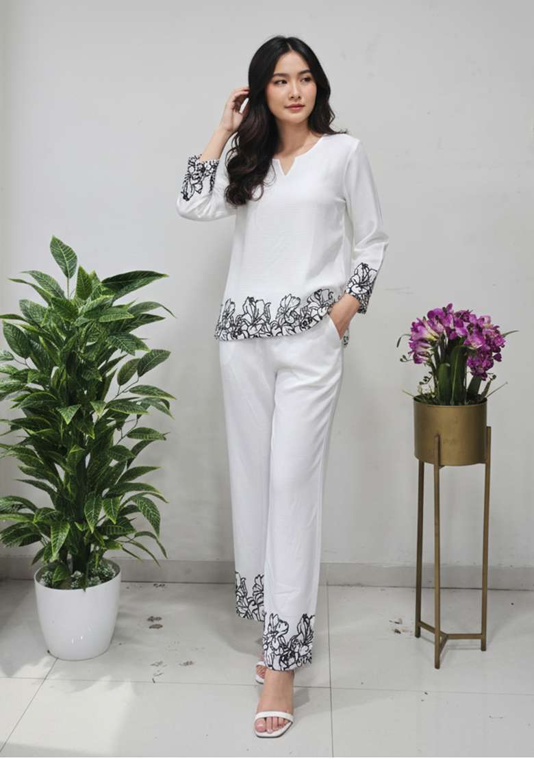 White Printed Blended Co Ord Set - Indya
