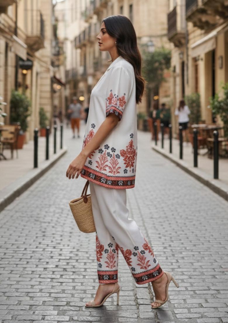 White Printed Cotton Kurta Set - Indya