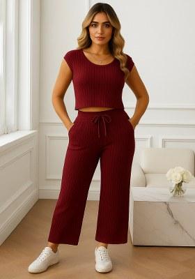 Maroon Plain Ribbed Co Ord Set