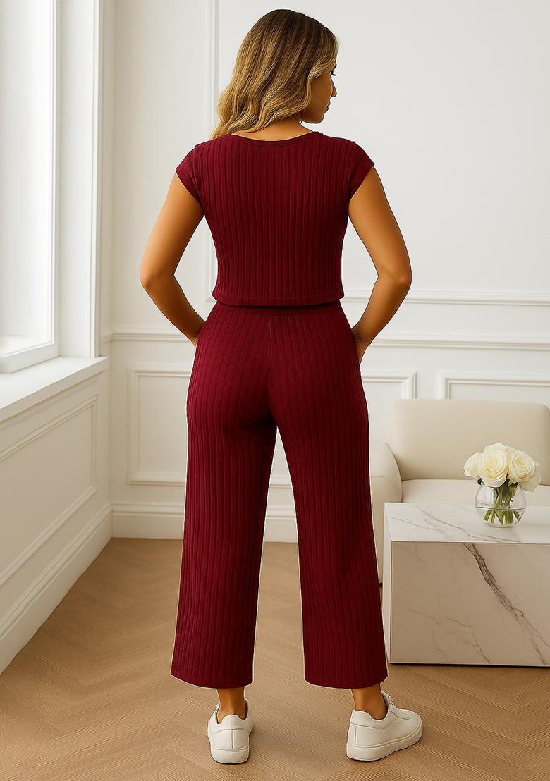 Maroon Plain Ribbed Co Ord Set - Indya