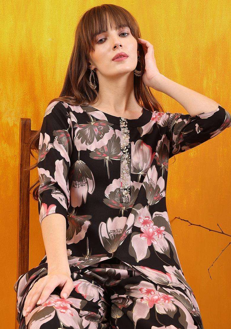 Black Embroidery Rayon Co Ord Set - Indya