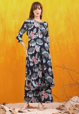 Navy Blue Embroidery Rayon Co Ord Set