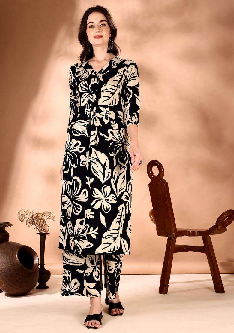 Black Embroidery Rayon Co Ord Set - Indya