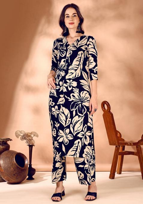 Navy Blue Embroidery Rayon Co Ord Set
