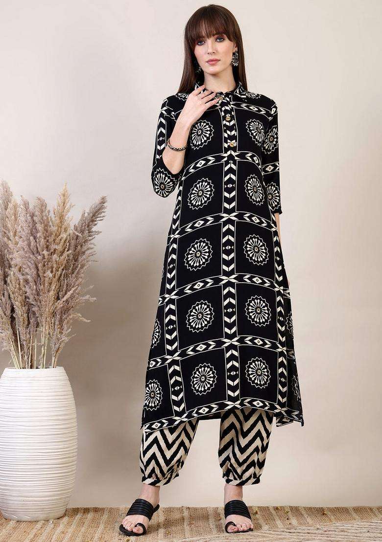 Black Embroidery Rayon Co Ord Set - Indya