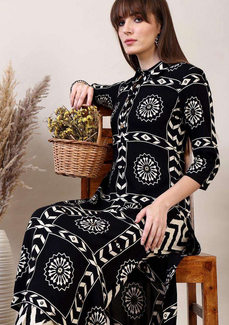 Black Embroidery Rayon Co Ord Set - Indya