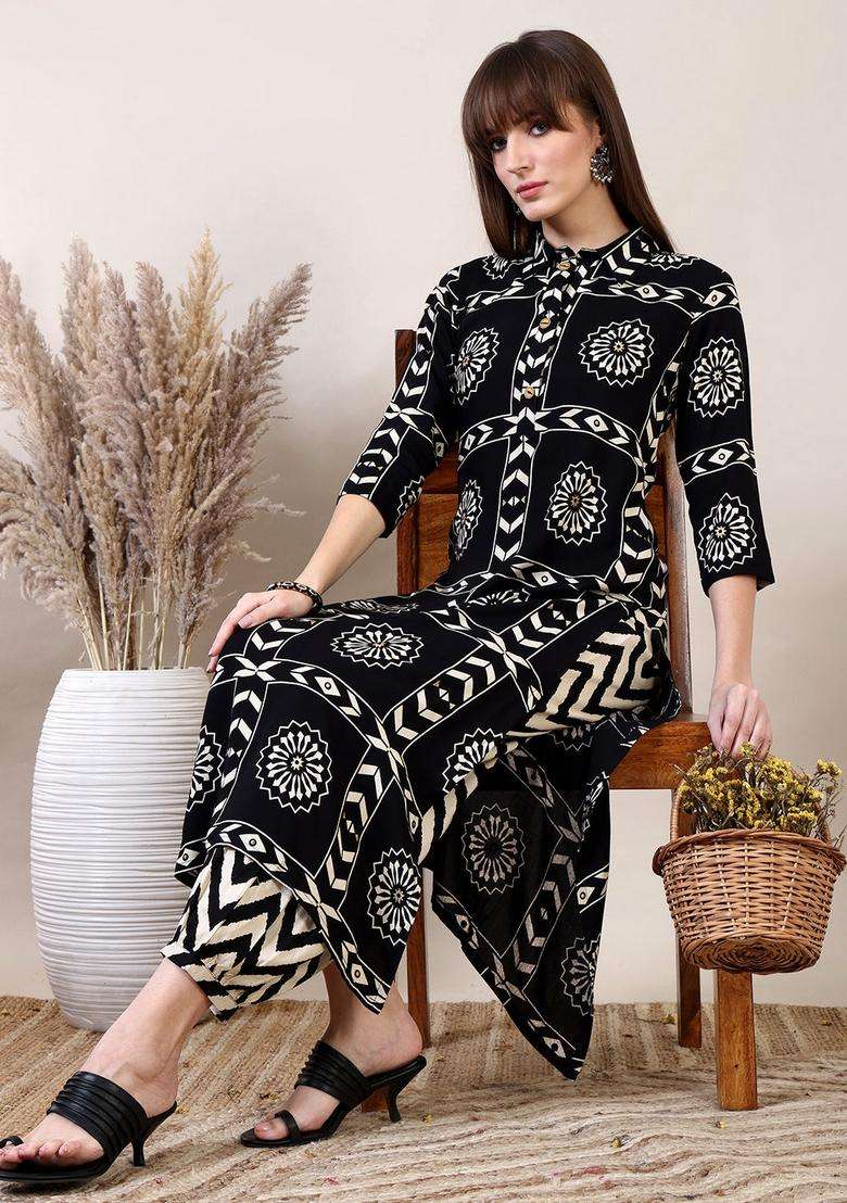 Black Embroidery Rayon Co Ord Set - Indya