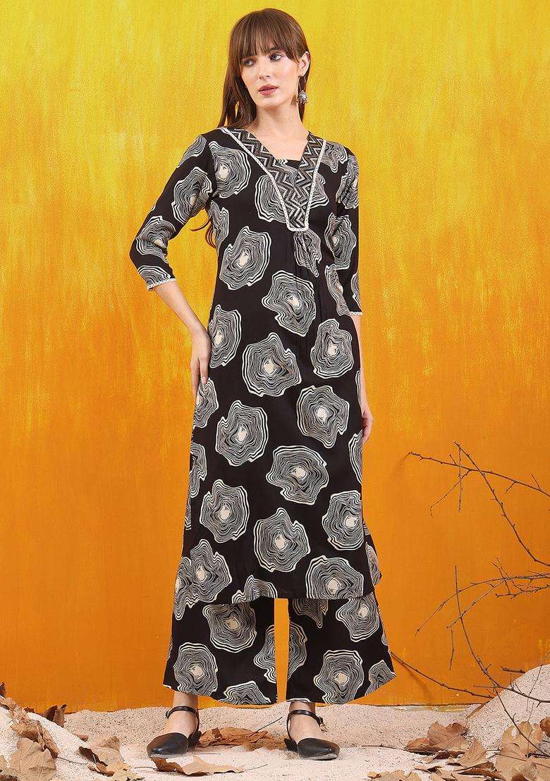 Black Embroidery Rayon Co Ord Set - Indya