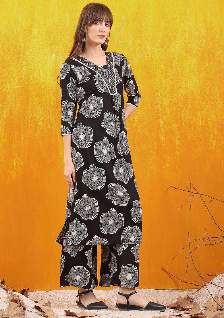 Black Embroidery Rayon Co Ord Set - Indya