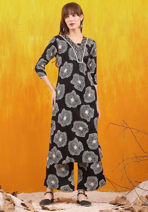 Black Embroidery Rayon Co Ord Set