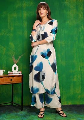 White Embroidery Rayon Co Ord Set