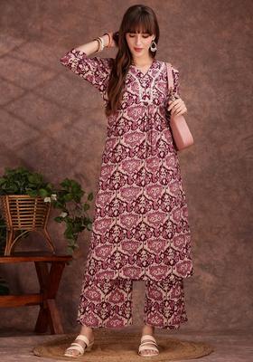 Wine Embroidery Rayon Co Ord Set