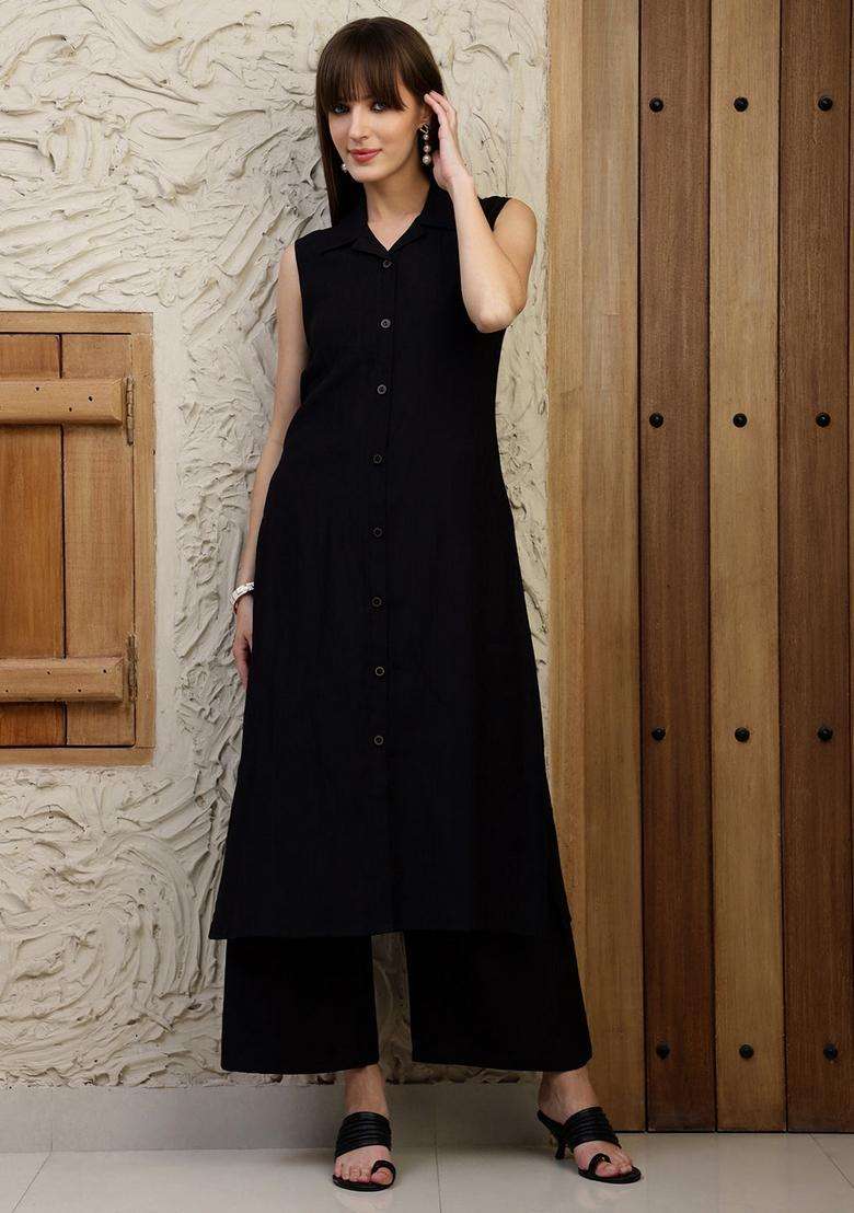 Black Embroidery Silk Co Ord Set - Indya