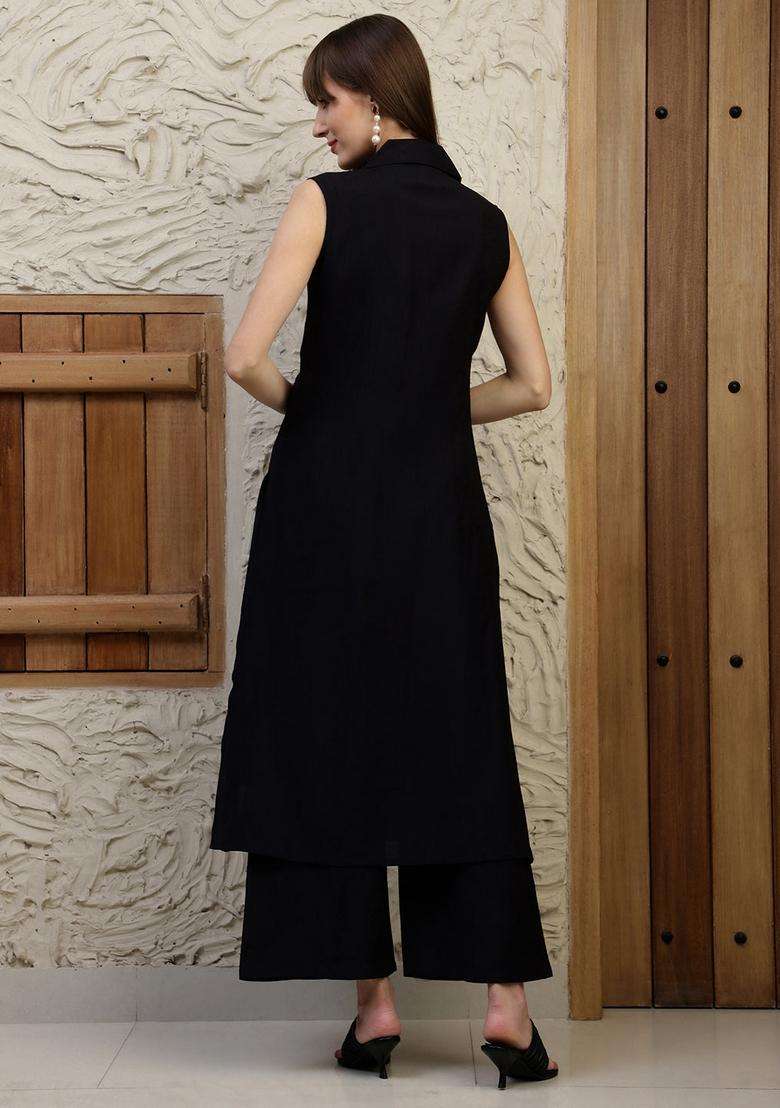Black Embroidery Silk Co Ord Set - Indya