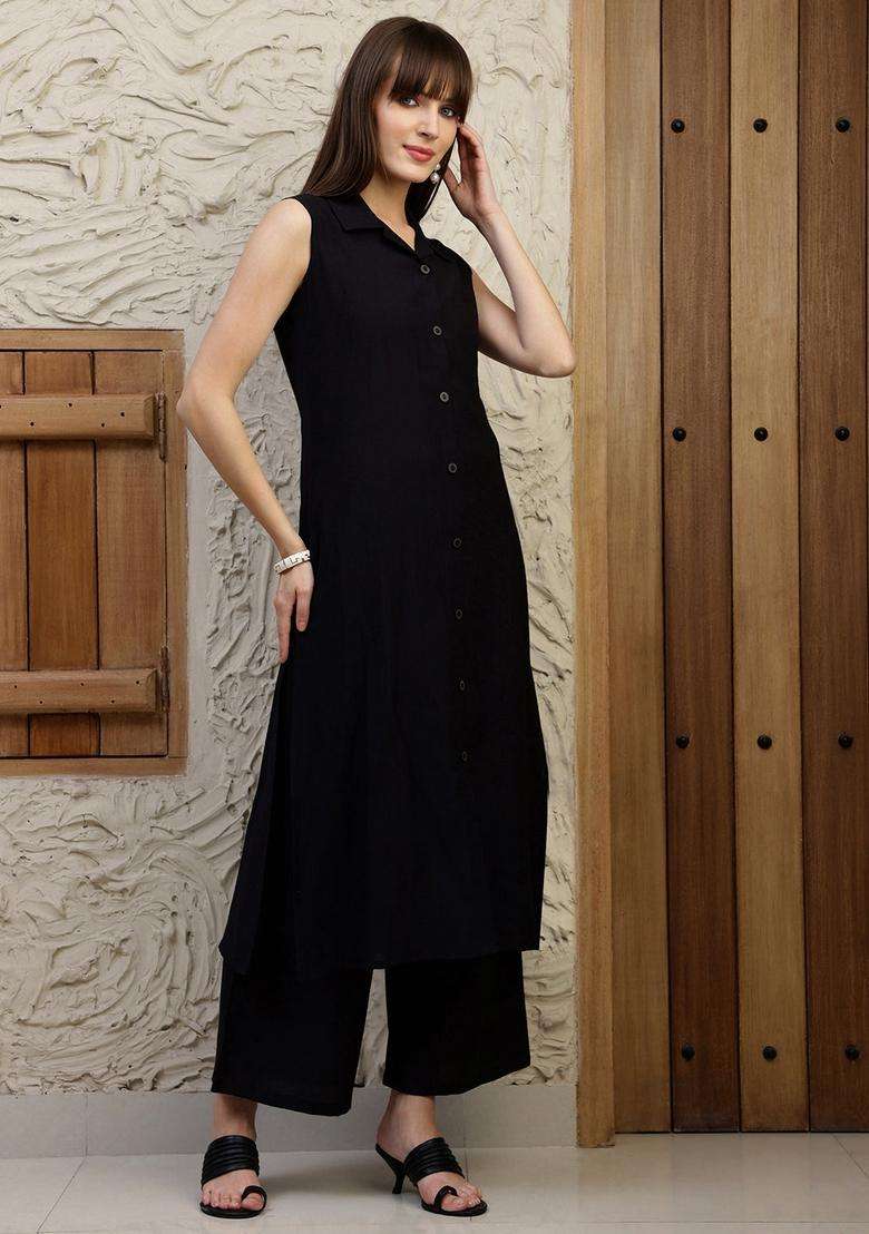 Black Embroidery Silk Co Ord Set - Indya