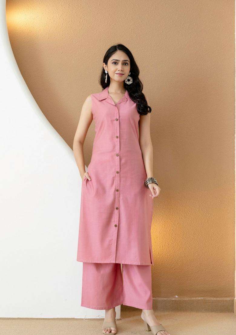 Pink Embroidery Silk Co Ord Set - Indya