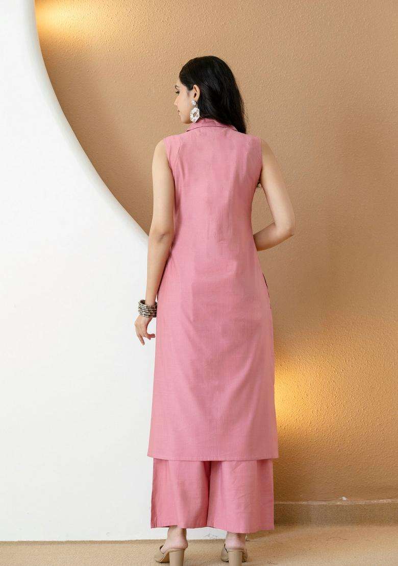 Pink Embroidery Silk Co Ord Set - Indya