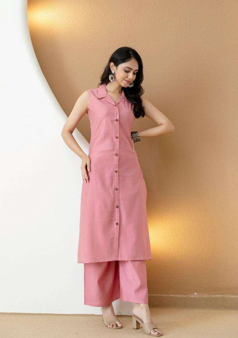Pink Embroidery Silk Co Ord Set - Indya