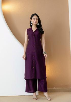 Purple Embroidery Silk Co Ord Set