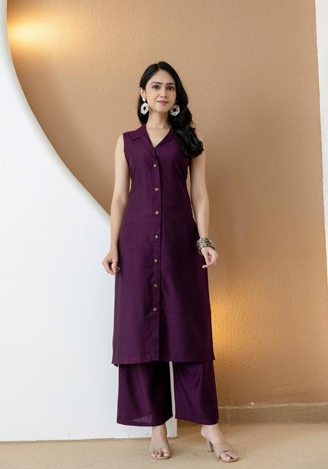 Purple Embroidery Silk Co Ord Set