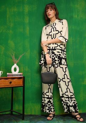 Cream Embroidery Rayon Co Ord Set