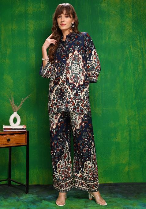 Navy Blue Embroidery Rayon Co Ord Set