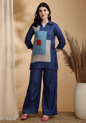 Blue Embroidery Linen Co Ord Set