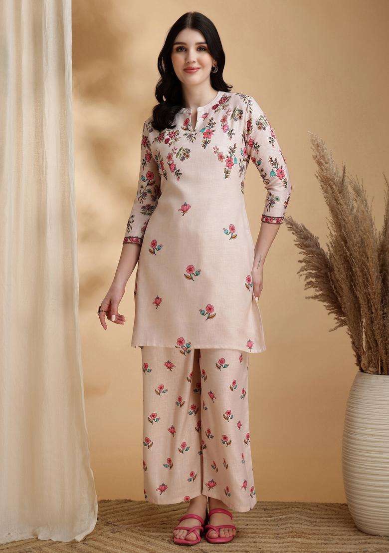 Beige Embroidery Linen Co Ord Set - Indya