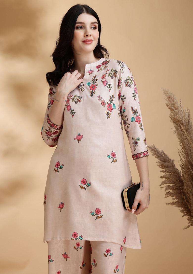 Beige Embroidery Linen Co Ord Set - Indya