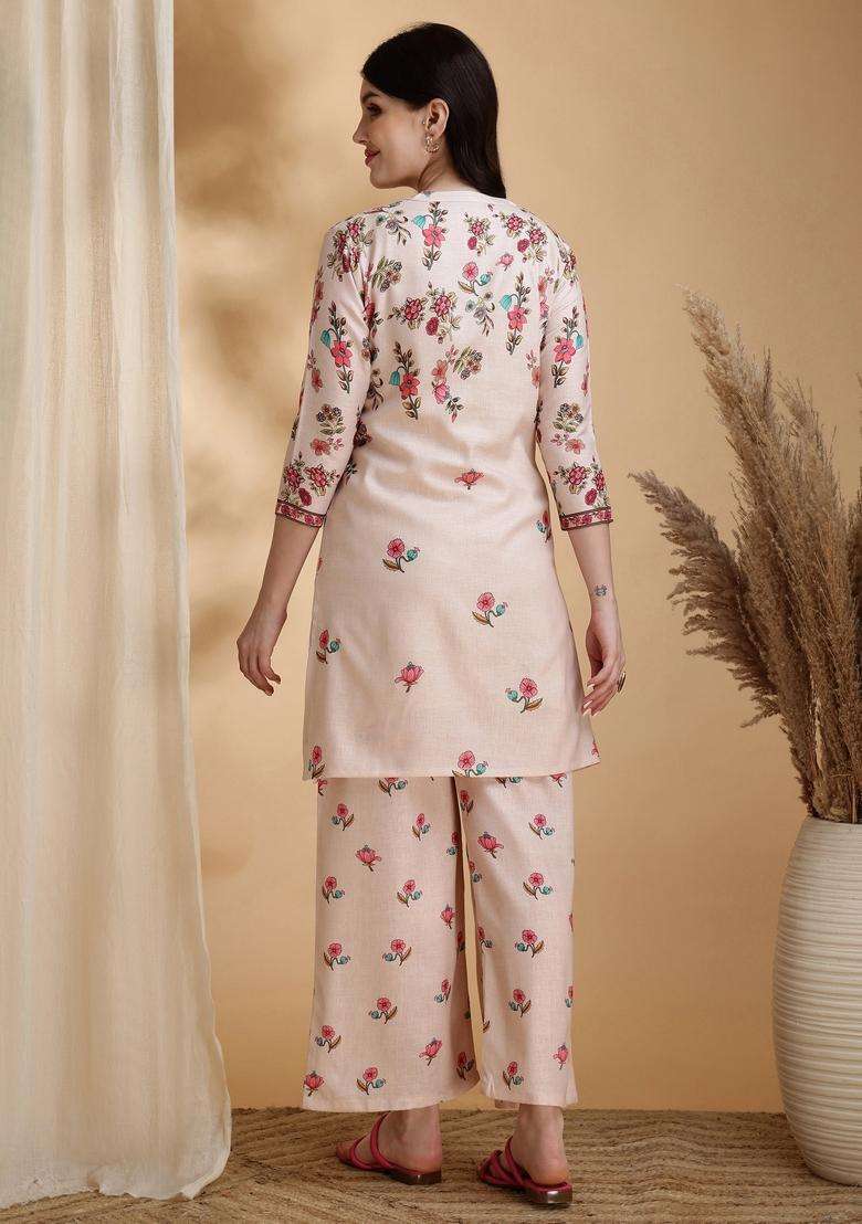Beige Embroidery Linen Co Ord Set - Indya