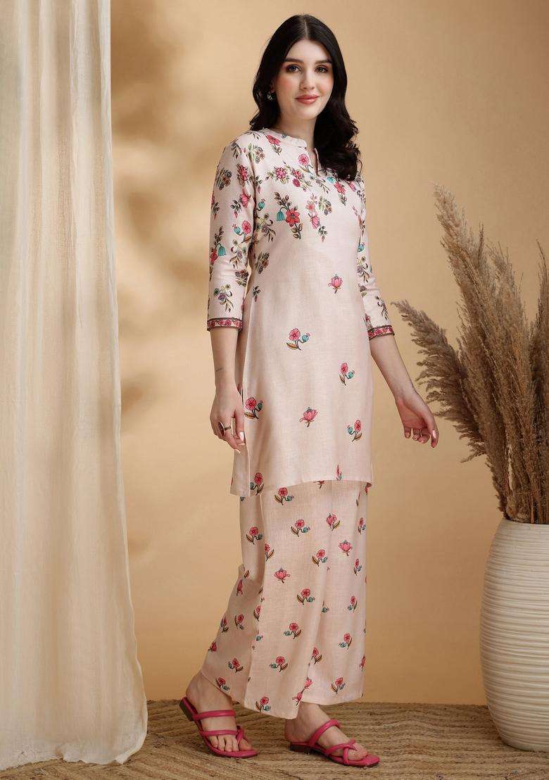 Beige Embroidery Linen Co Ord Set - Indya