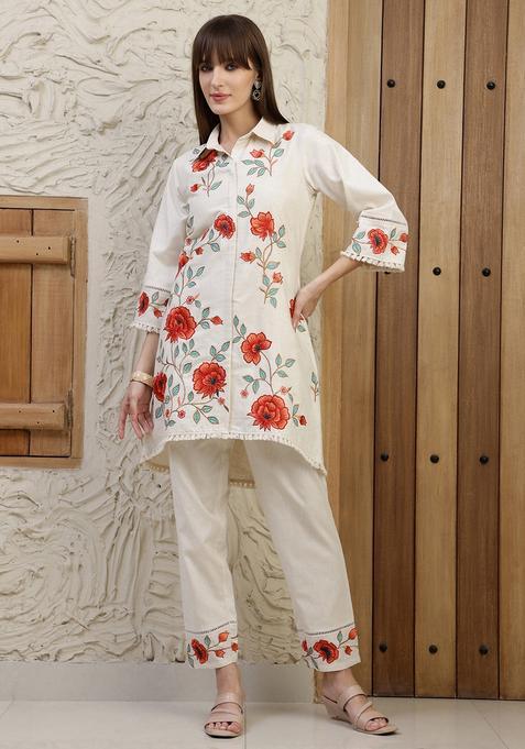 Cream Embroidery Cotton Co Ord Set