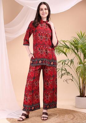 Red Embroidery Rayon Co Ord Set