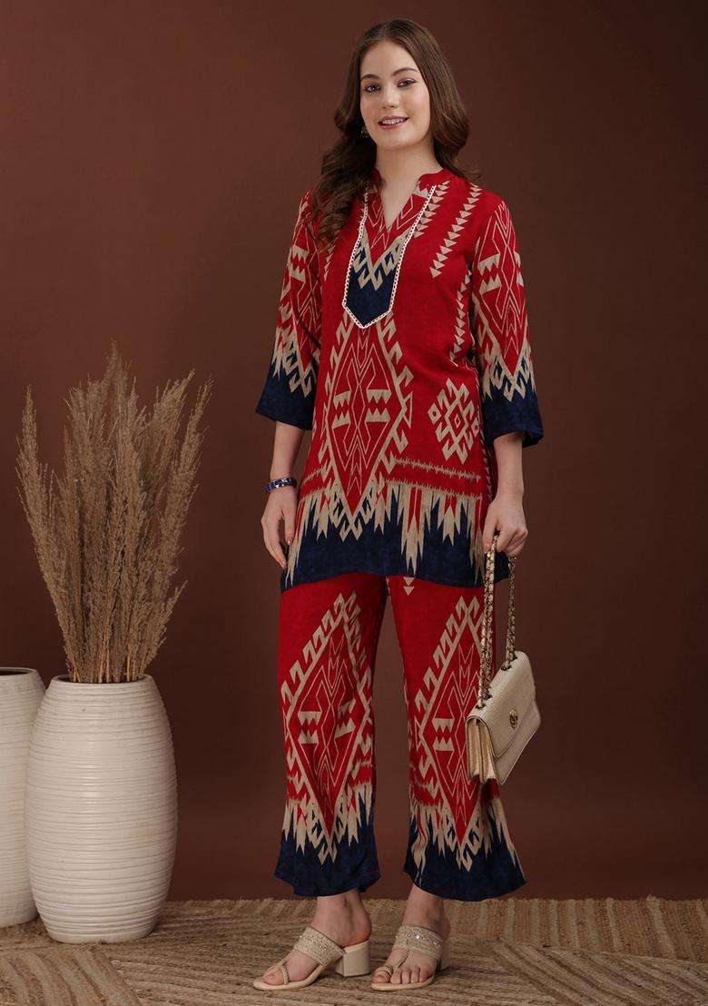 Pink Embroidery Rayon Co Ord Set - Indya