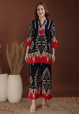 Navy Blue Embroidery Rayon Co Ord Set