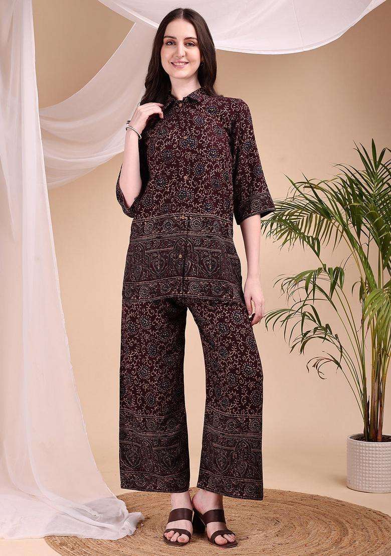 Maroon Embroidery Rayon Co Ord Set - Indya