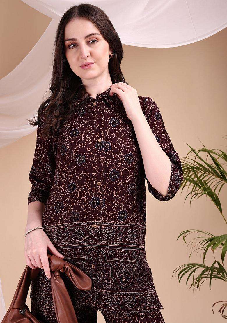 Maroon Embroidery Rayon Co Ord Set - Indya