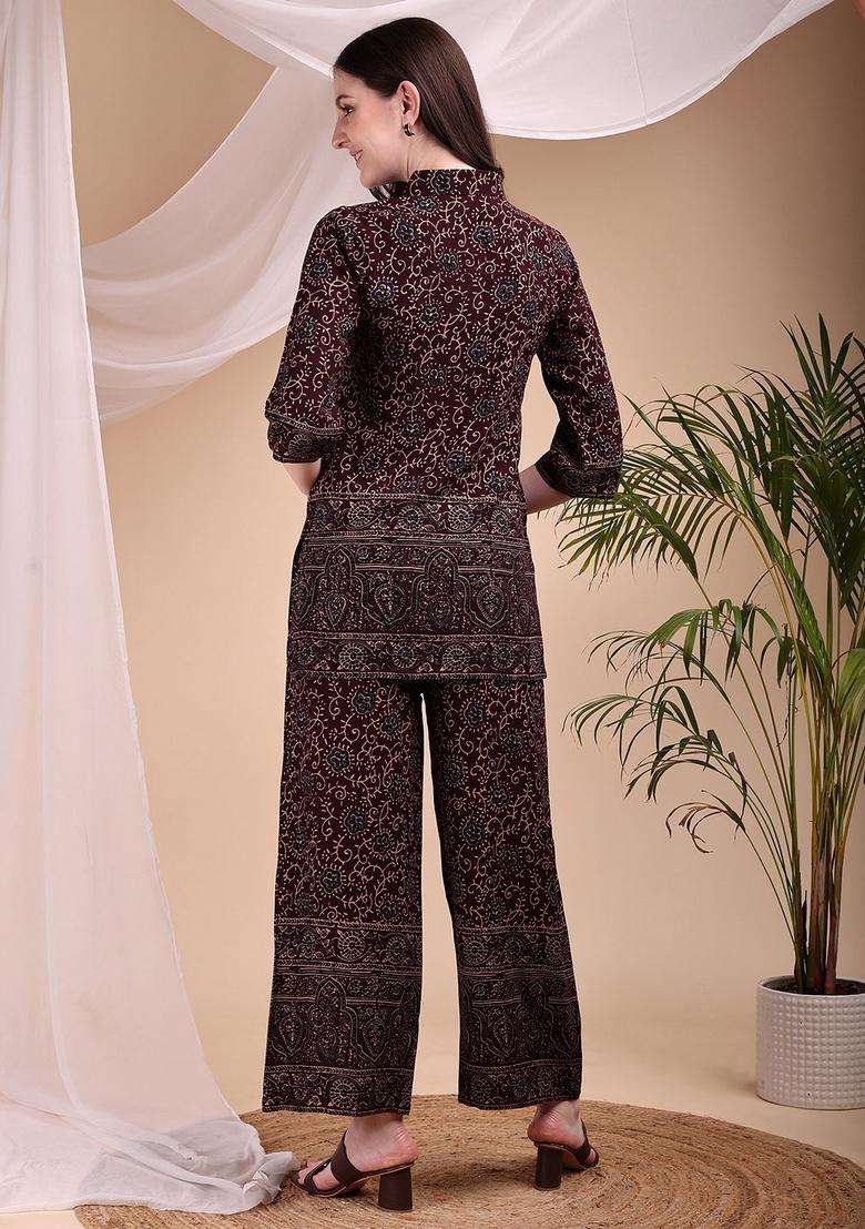 Maroon Embroidery Rayon Co Ord Set - Indya