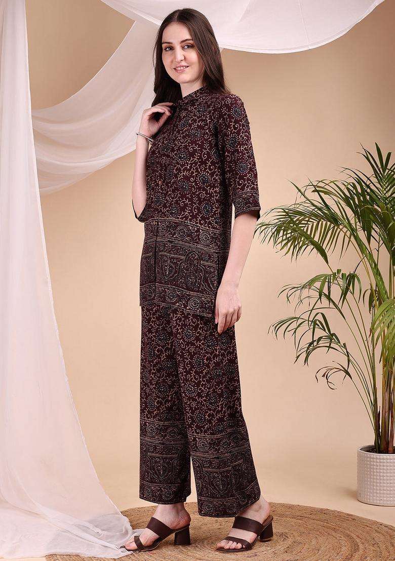 Maroon Embroidery Rayon Co Ord Set - Indya