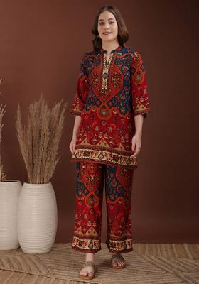 Red Embroidery Rayon Co Ord Set