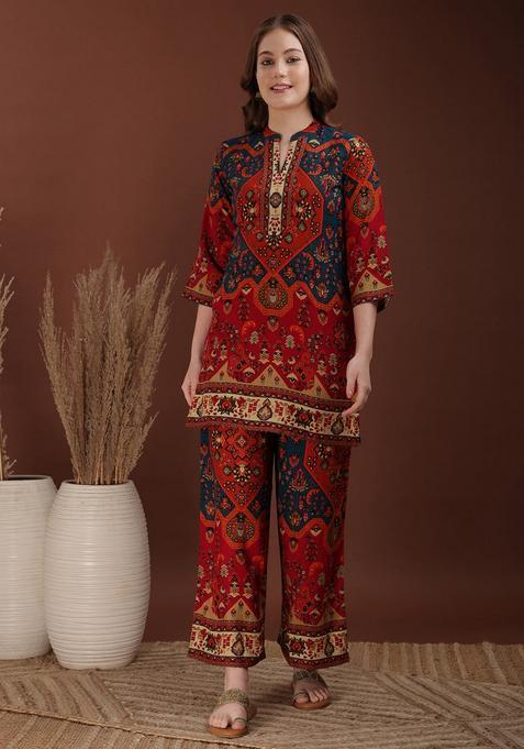 Red Embroidery Rayon Co Ord Set