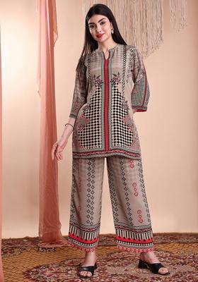 Brown Embroidery Crepe Co Ord Set