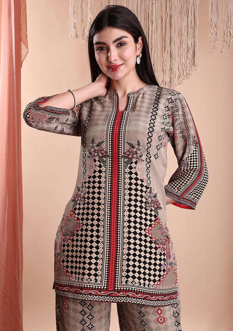 Brown Embroidery Crepe Co Ord Set - Indya